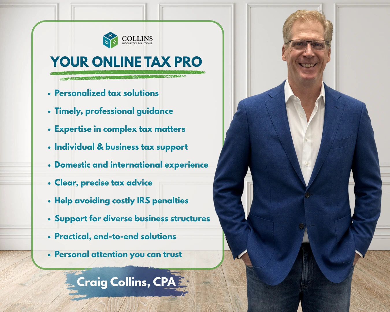 Craig Collins, CPA, in a blue blazer for My Online Tax Pro